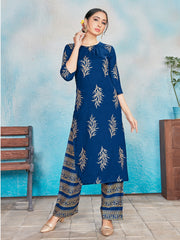 Kurta Set Blue Rayon Foil Print Dress