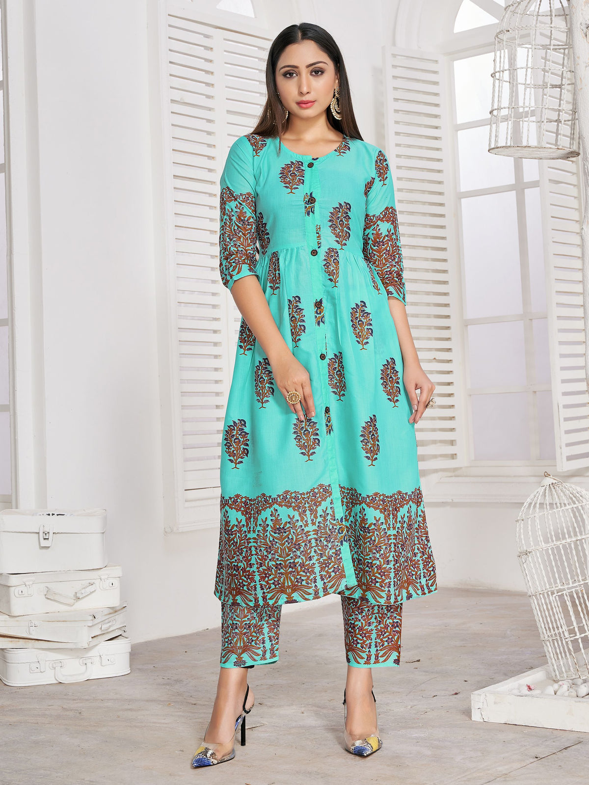 Kurti Turquoise Rayon Block Print Dress