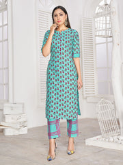 Kurti Turquoise Rayon Block Print Dress