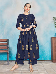 Kurta Set Navy Blue Rayon Foil Print Dress