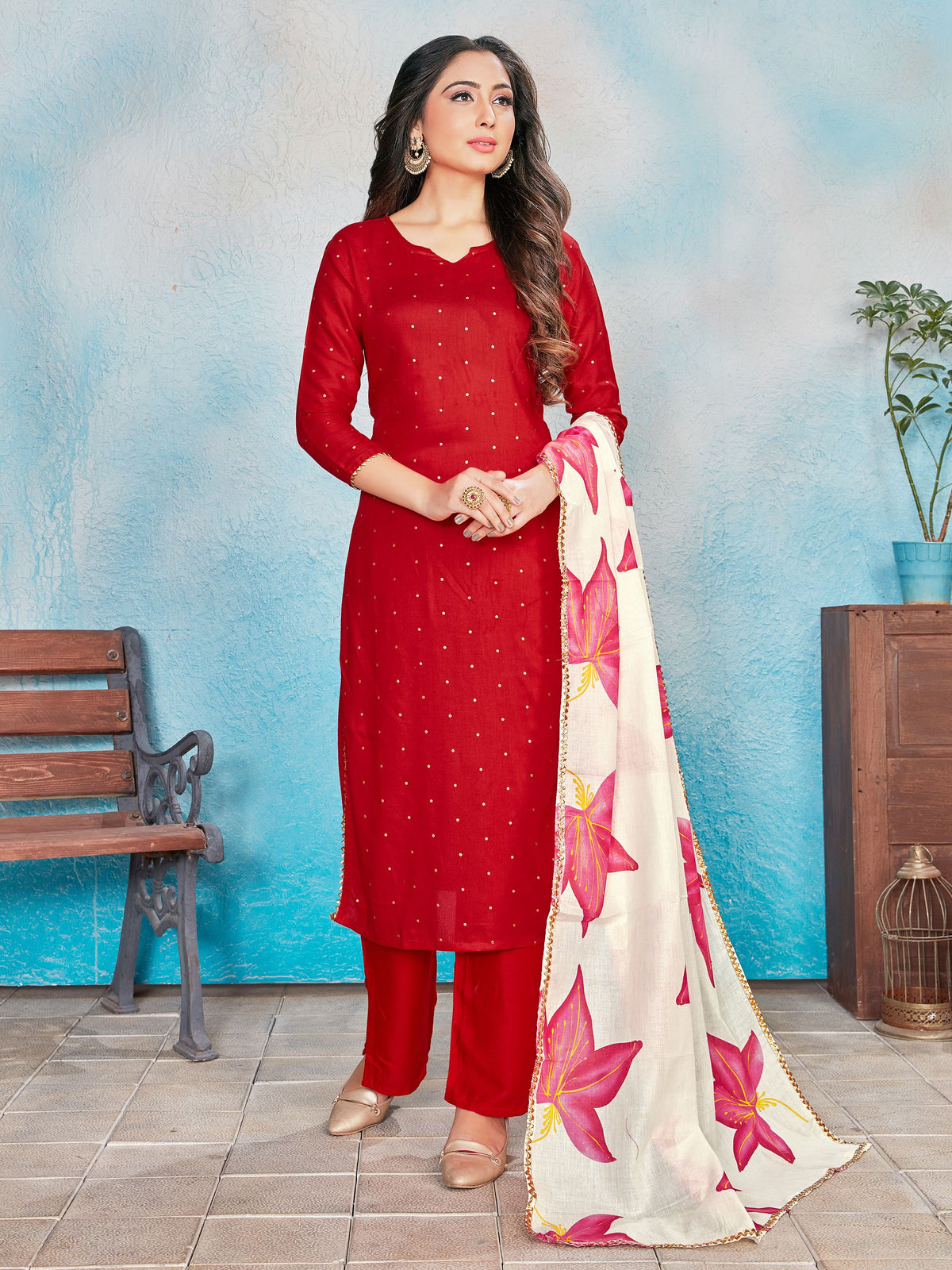 Kurta Set Red Rayon Foil Print Dress